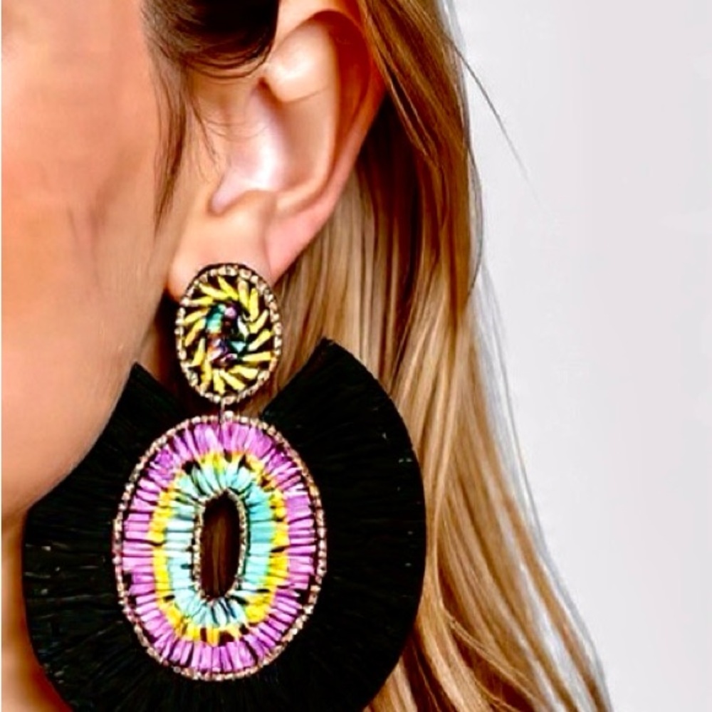 Women's Black Fringe Beaded Statement Earrings with Multicolor Oval Bohemian